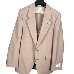 Oscar de la Renta 3 piece Mens Suit 40R W33 Tan Wool Blend Hand Tailored Fit